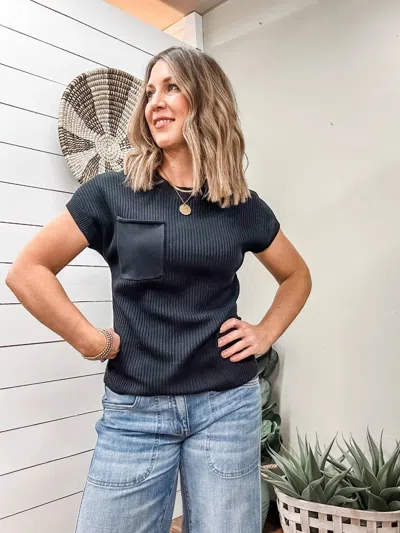 Tribal Short Sleeve Dolman Pocket Sweater In Black