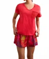 Tribal Short Sleeve Frill V-neck Top With Ladder Tape In Tango Red In Multi