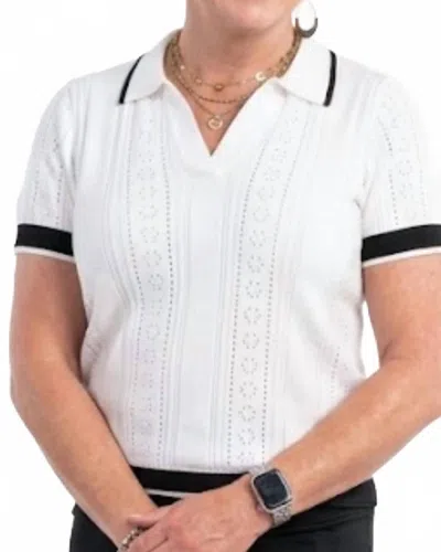 Tribal Short Sleeve Polo Sweater With Stripes Detail In White