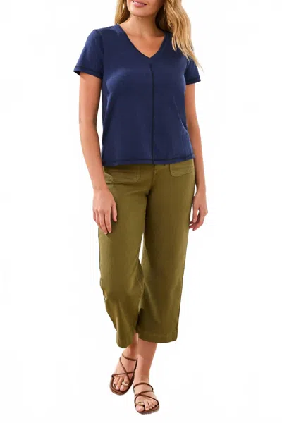 Tribal Short Sleeve V Neck Top With Rib Combo In 3068-jet Blue