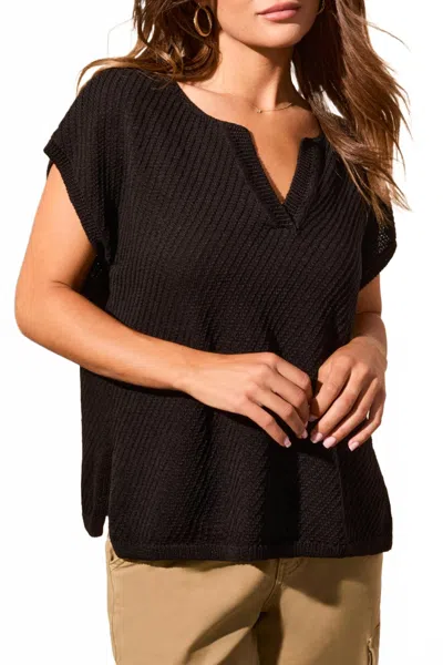 Tribal Side-slit V-neck Sweater With Extended Shoulders In Black