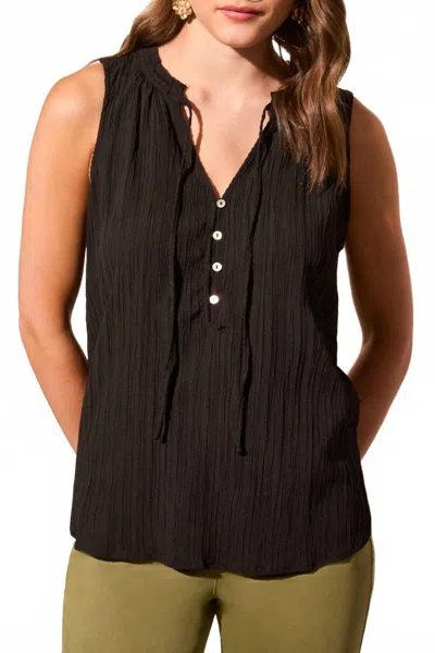 Tribal Sleeveless Blouse With Button Placket In Black