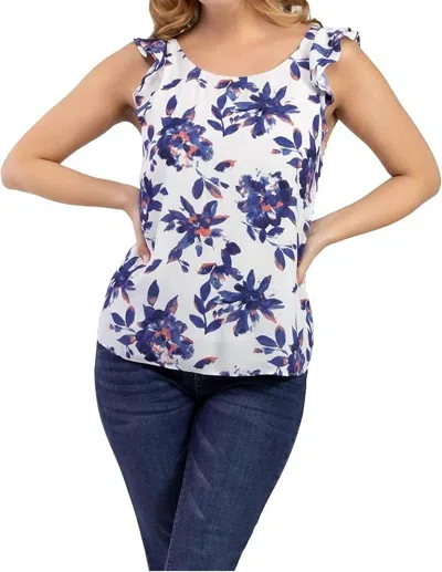 Tribal Sleeveless Blouse With Ruffle In Blue In White