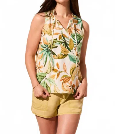 Tribal Sleeveless Frill Neck Linen Blouse In Aloe Leaf In Multi