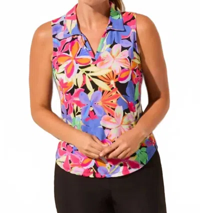Tribal Sleeveless Polo Top With Shirttail In Bloom In Multi