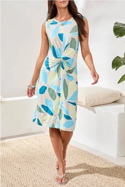 Tribal Sleeveless Print Dress With Front Detail In Aqua Sky Blue/green In Multi