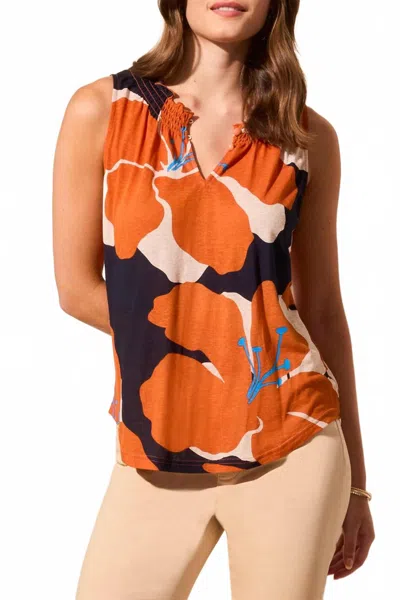 Tribal Sleeveless Smocked Tank In Carrot In Orange
