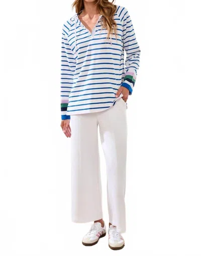 Tribal Slub Knit Striped V Neck Long Sleeve Hoodie In Turkish Sea Blue