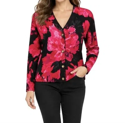 Tribal Soft Knit Lightweight V-neck Sweater Cardigan In Floral In Black
