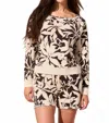 Tribal Foliage Crew Neck Top With Ribbed Details In Cocomilk In Neutral