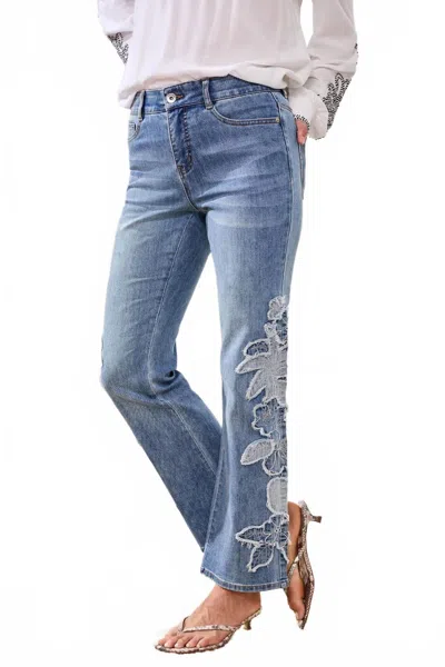 Tribal Sophia Curvy Flare Jeans With Denim Applique In Pebble Blue