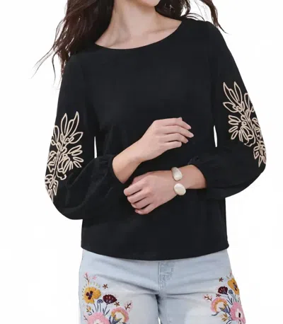 Tribal Soutache Embroidered Boat Neck Puff Sleeve Top In Black