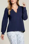 Tribal Embroidered Split Neck Top In Navy Blue In Blue