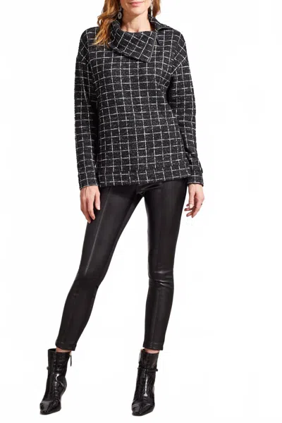 Tribal Split Neck Top With Zipper In Black In Gray