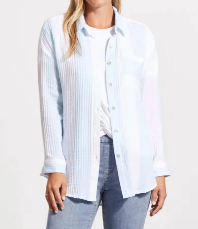 Tribal Stripe Long Sleeve Button Gauze Blouse In Blue Cloud