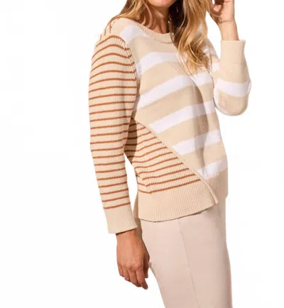 Tribal Striped Contrast Crew Neck Sweater In French Oak In Multi