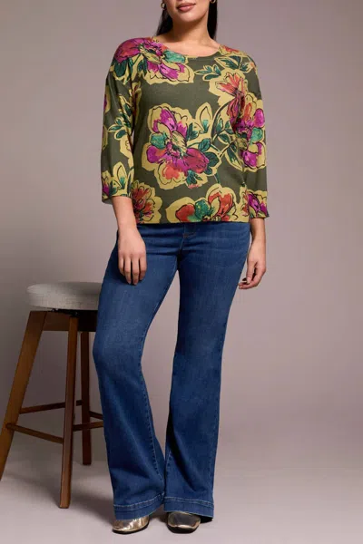 Tribal Syra Soft Yarn Three-quarter Sleeve Crewneck Sweater In Chive In Multi