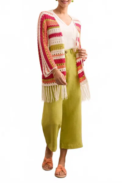 Tribal Tae Three Quarter Sleeve Open Front Crochet Sweater Wth Fringe In Key Lime In Multi