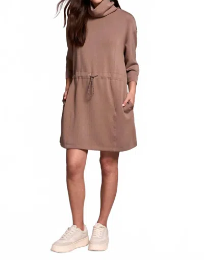 Tribal Techno Lux 3/4 Sleeve Funnel Neck Dress With Drawcord In Fossil In Brown
