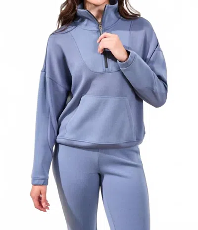 Tribal Techno Lux Zip Mock Neck Top In Slate Blue