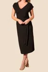 Tribal Textured Short-sleeve Midi Dress With Front Tie In Black In Black