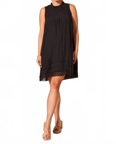 TRIBAL TEXTURED POPLIN CREWNECK SLEEVELESS DRESS IN BLACK