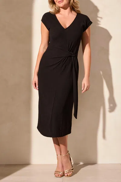 Tribal Textured Short-sleeve Midi Dress With Front Tie In Black