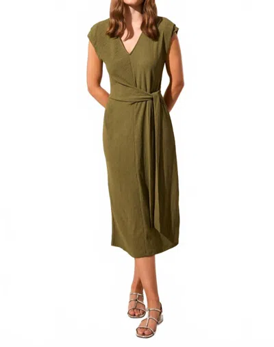 TRIBAL TEXTURED SHORT-SLEEVE MIDI DRESS WITH FRONT TIE IN LODEN