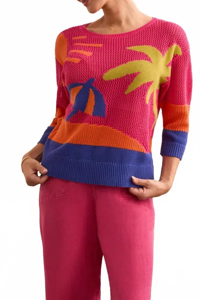 Tribal Teya Beach Scene Crochet Sweater In Berry In Pink