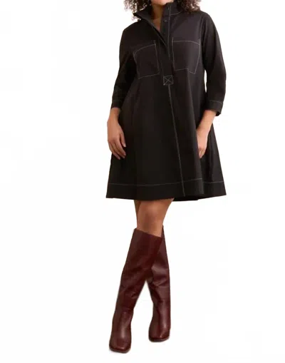 Tribal Three Quarter Sleeve Button Front Shirt Dress In Black