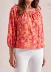 Tribal Three Quarter Sleeve Peasant Top In Raspberry In Multi
