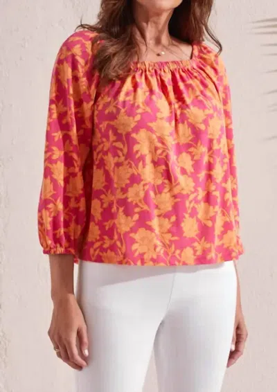 Tribal Three Quarter Sleeve Peasant Top In Raspberry In Multi