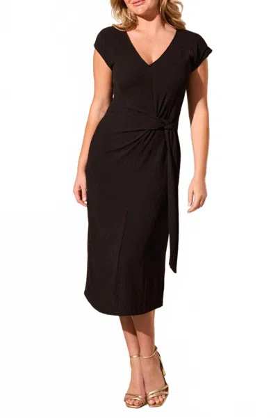 Tribal Textured Short-sleeve Midi Dress With Front Tie In Black In Multi