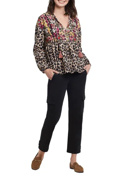 Tribal Trisha Animal Print Long Sleeve Dolman Blouse In Taupe Grey