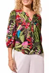 Tribal Tropical Button Front Blouse In Loden Olive In Multi