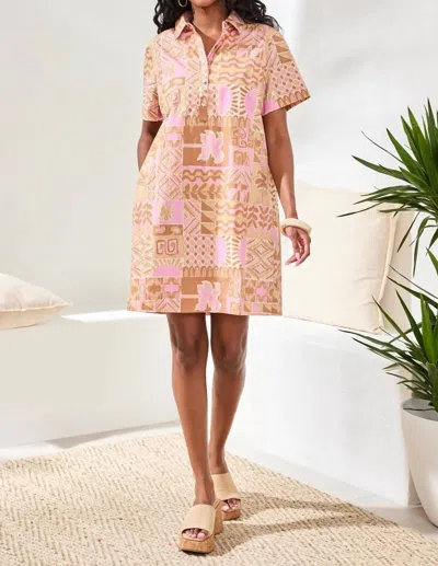 Tribal Tropical Print Poplin Shift Short Sleeve Dress In Pink In Neutral