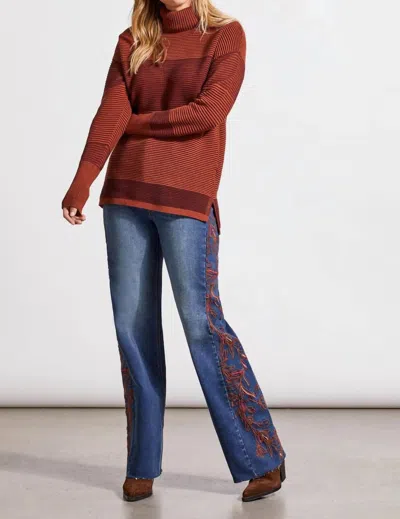 Tribal Two-tone Ottoman Turtleneck Tunic Sweater In Marsala