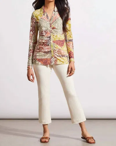 Tribal V-neck Collared Long Sleeve Top With Shirring In Cactus In Green