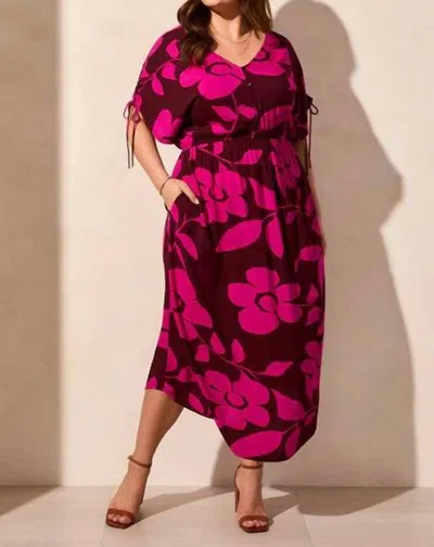 Tribal Large Floral Print Midi Dress In Maroon In Burgundy