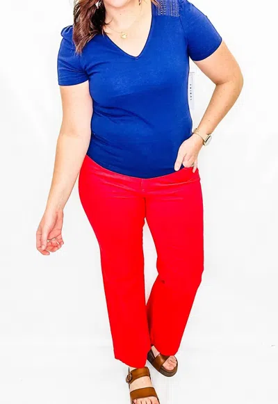 Tribal V-neck Lace Detail Short Sleeve Top In Jet Blue In Multi