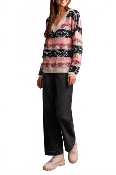 Tribal Looped Yarn V-neck Sweater In Mav Shadow In Multi