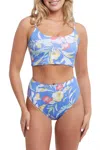 Tribal Wave Floral Reversible 2 Piece Swimsuit In Blue/cream In Multi