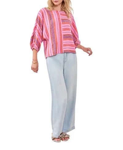 Tribal Linen Boat Neck Dolman Sleeves Blouse In Rose Silk In Multi