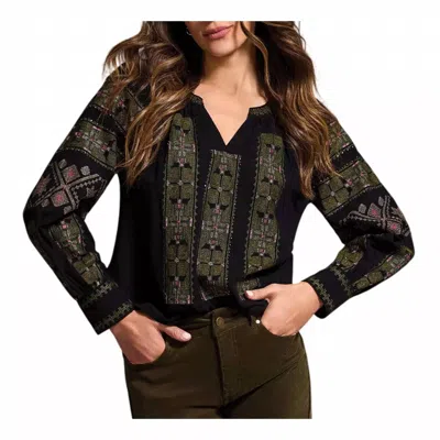 Tribal Women's Embroidered Boho Long Sleeve Notch Neck Blouse In Black