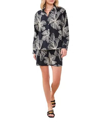 Tribal Women's Embroidered Crosshatch Button Top In Black
