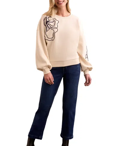 Tribal Women's French Terry Embroidered Drop Shoulder Crew Neck Top In Nude
