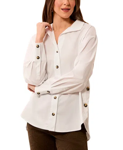 Tribal Women's Long Sleeve Collared Button-front Blouse In White