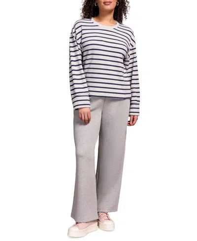 Tribal Women's Long Sleeve Stripe Crew Neck Brush Knit Top In Blue