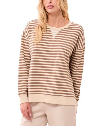 Tribal Women's Long-sleeve Stripe Crewneck Top In Brown