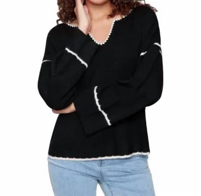 Tribal Women's Notched Neck Rib Embroidered Sweater In Black